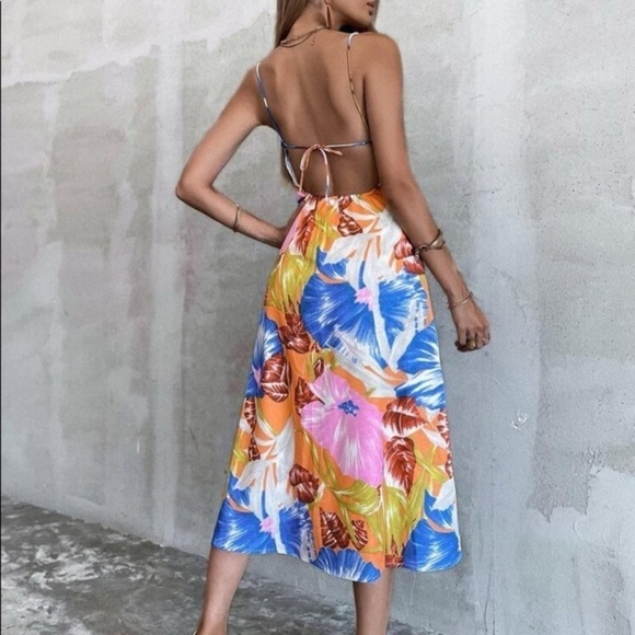 Zara Tropical print midi dress V-neck dress Front slit Open back multi color sun - Picture 2 of 7